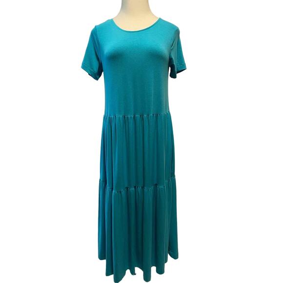 Zenana Size 1X Turquoise Knit Short Sleeve Tiered Midi‎ Dress - Picture 2 of 3